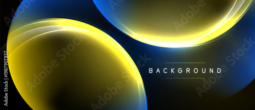 Abstract flowing shapes, yellow, blue hues. Modern design, dynamic composition, dark background creates contrast. Simple, elegant.
