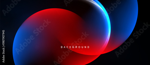 Abstract design features vibrant red, blue gradients. Overlapping shapes create dynamic visual effect. Minimalist text reads background.