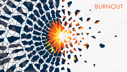 A vibrant vector graphic illustration of a burnout concept with a shattered design and bright orange explosion
