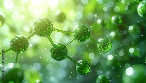 Green molecular structure macro illustration, glowing atoms and bonds, futuristic biotech and scientific life concept.