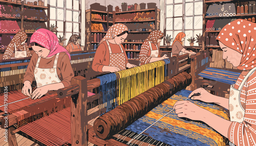 A colorful illustration of women weaving textiles on looms in a traditional workshop setting.