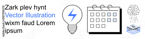Innovation, planning, brainstorming, time management, education, knowledge enhancement. Light bulb with lightning, calendar layered blocks and brain elements. Innovation and planning concepts