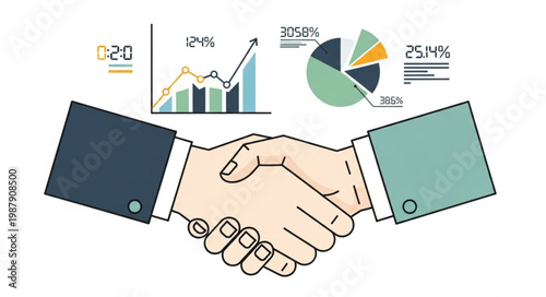 Business handshake with financial charts and graphs illustration.