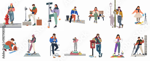 Collection of young content creators and influencers filming videos and taking photos for social media using smartphones and professional equipment in urban settings.