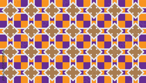Vibrant purple and orange geometric seamless pattern. Abstract checkered background with diamond shapes and white line grid for creative design.