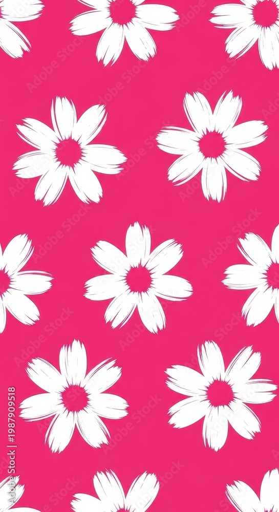 Fototapeta premium Bright Pink Background with White Daisy Flower Pattern.