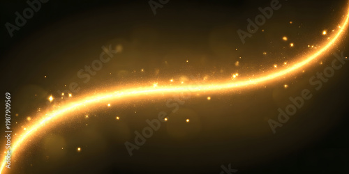 Golden glowing wavy line with sparkling particles on a dark background. Abstract light effect, magic, energy, festive, celebration, luxurious digital art.