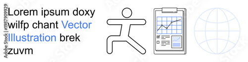 Data analysis, fitness tracking, progress monitoring, health goals, global communication, digital tools. Chart with a figure and globe icon. Fitness tracking and data analysis concept