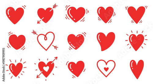 Foto Hand-drawn red heart icons set in doodle style, playful and cute vector illustration perfect for stickers, cards, and creative projects