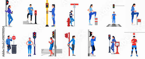 Flat vector illustrations of male and female runners in blue sportswear interacting with urban street elements like traffic lights, stop signs, and crosswalks.