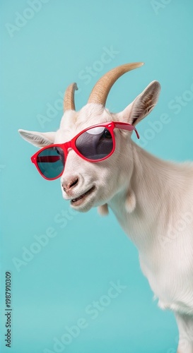 Goat wearing red sunglasses on blue background