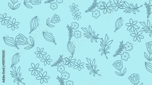 Calm blue floral doodle pattern video background.