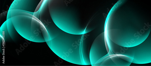 Abstract turquoise shapes overlap black background. Smooth curves create luminous, flowing design. Modern digital illustration.
