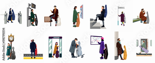Set of flat illustrations depicting musicians with large cello cases traveling through a modern train station, transit hub, or subway system.