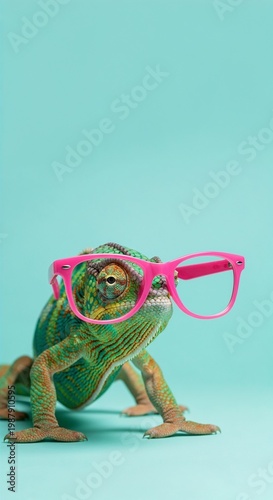 Chameleon wearing pink glasses on blue background