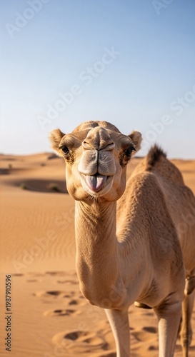 Camel looking at camera in desert landscape