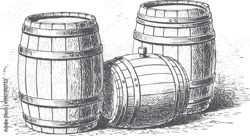 Three wooden barrels, one lying down