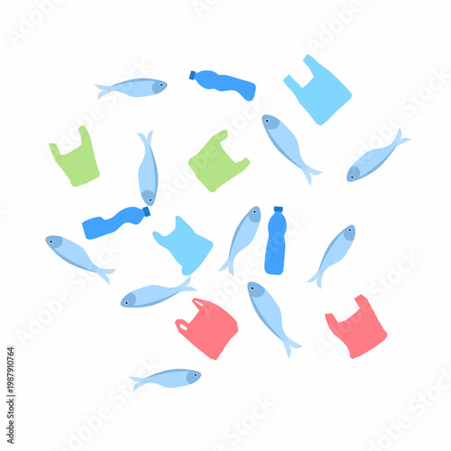 A vector of a school of dead fish with scattered plastic waste and bottles. A concept for a movement to clean up plastic waste.