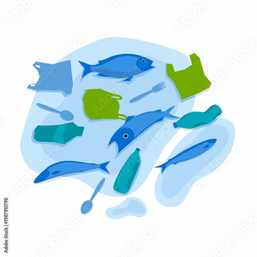 Vector illustration of fish and plastic waste. Concept of fish dying due to plastic pollution in the ocean.