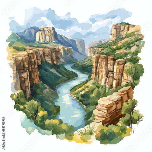 Blyde River Canyon. Blyde River Canyon hand drawn watercolor illustration on white background