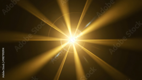 Golden Light Rays and Lens Flare on Dark Background - Abstract Optical Effect, Bright Starburst Glow, Energy, Warm Illumination