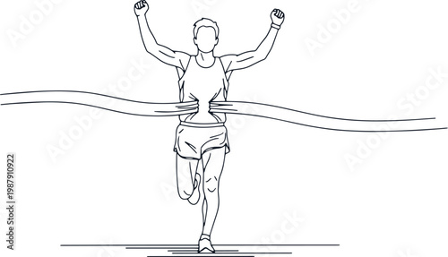 Quadro su tela Winner crossing finish line with arms raised, minimalist line art celebrating athletic achievement