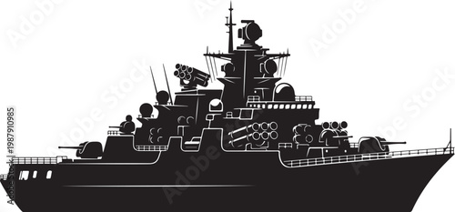 Warship, battleship, naval vessel, military ship, black silhouette, vector illustration