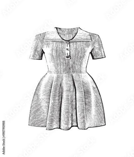 Retro Ribbed Knit Short-Sleeve Polo Dress with Flared Skirt