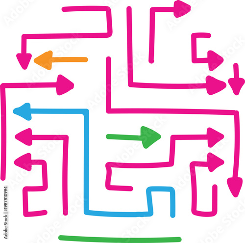 Abstract digital illustration featuring a collection of vibrant multi-colour arrows pointing in various chaotic directions that represent complex navigation pathways within a modern graphic design con