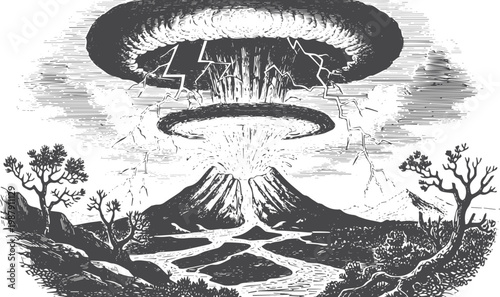 Volcanic eruption with lightning and lava flow