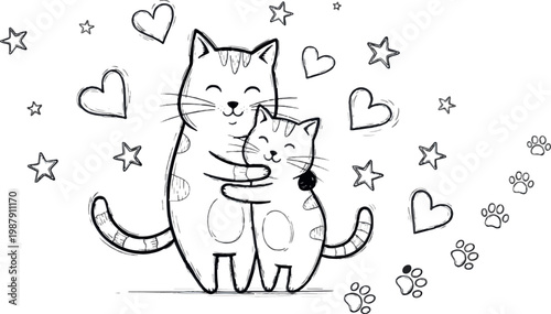 Cute cat and kitten hug, heart stars paw print icons, black line art vector