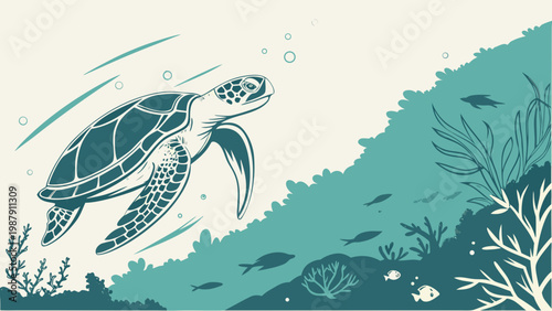 

A seamless pattern design featuring a vector illustration of an underwater world map with fish, turtle silhouettes, and marine life art for a nature-themed sea animal tattoo ornament set