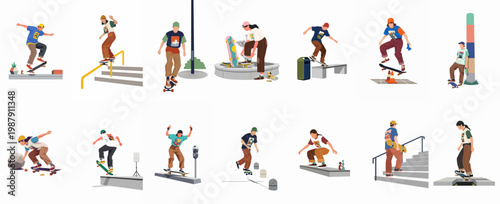 Diverse set of illustrated skateboarders performing tricks and posing in street scenes on a white background.