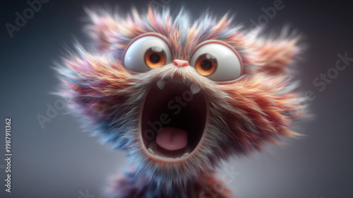 Close-up portrait of a screaming fluffy cat with an extremely crazy emotional expression — bulging eyes and wide open mouth. Bold vibrant multicolored fur, trendy 3D style funny character