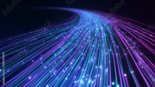 Abstract digital data flow with glowing blue and purple fiber optic lines on a dark background.