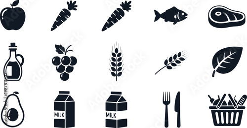 Healthy food ingredients and grocery icons for healthy eating.