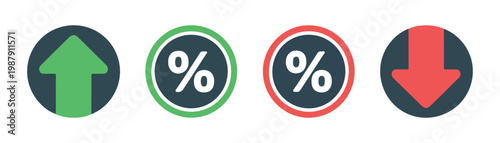 Financial indicator icons set with percent sign up and down arrows for stock market analysis and growth chart.