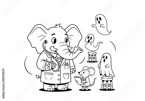 Curious scientist elephant and his ghostly experiment with a mouse assistant