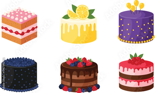Colorful Assorted Celebration & Dessert Cakes Illustration Set