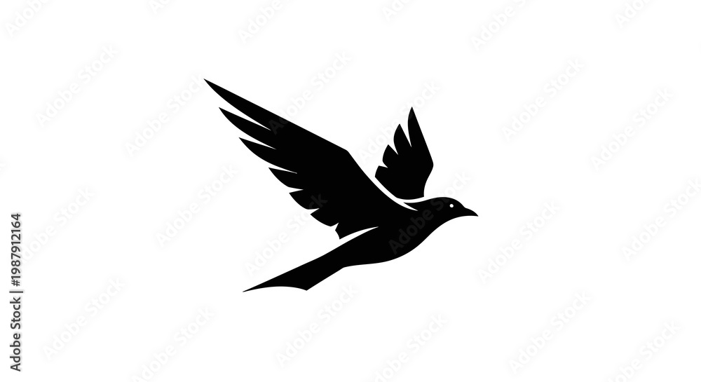 Obraz premium Silhouette of a bird in flight, wings spread, against a white background