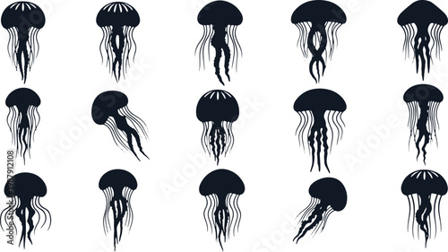 Collection of dark silhouette jellyfish swimming in transparent background, aquatic life illustration.