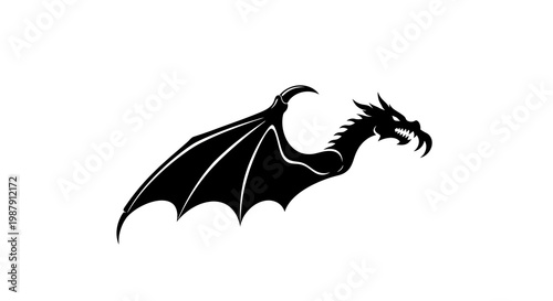 Silhouette of a black dragon with wings outstretched against a white background