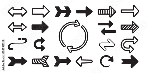 Collection of various black arrows and direction signs set on a transparent grid background.