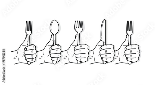 A series of hands each holding a different piece of silverware giving a thumbs up gesture