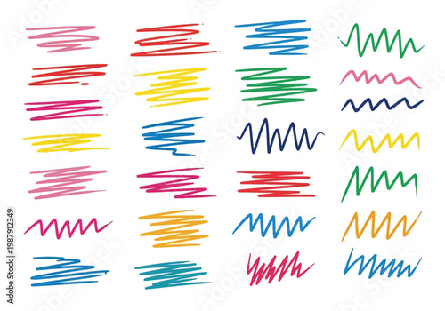 Abstract colorful scribbles and wavy lines art collection displayed in grid format