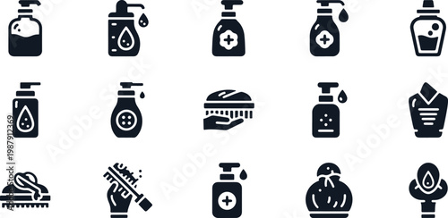 Personal hygiene and beauty product icons liquid soap and scrub brush.