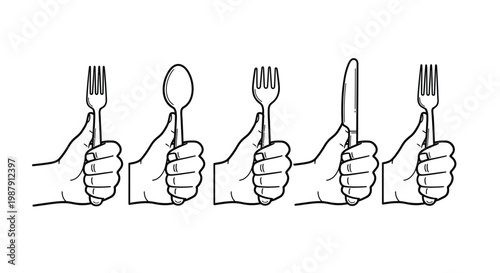 Five hands each holding a different piece of dining cutlery in a simple line drawing