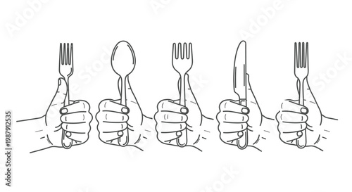 Five hands each holding a different piece of silverware in a simple black and white line drawing