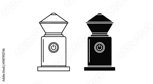 A minimalist depiction of two coffee grinders one white and one black presented side by side
