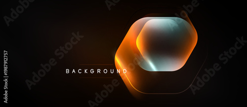 Dark background features glowing hexagon shape. Orange, teal hues create futuristic effect. Text reads background. Minimalist design.